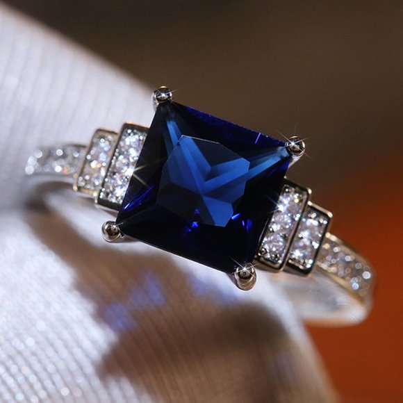 💍Luxury Square Shape Blue Diamond💎Stone Dainty 925 Silver Ring for Women, F006 - Picture 7 of 8